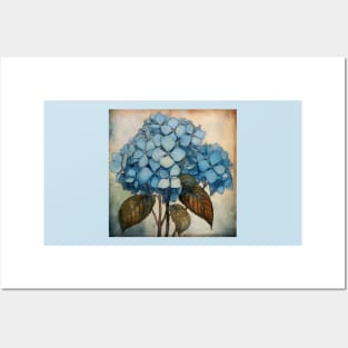 Simple Blue Folk Art Hydrangea Flower Posters and Art